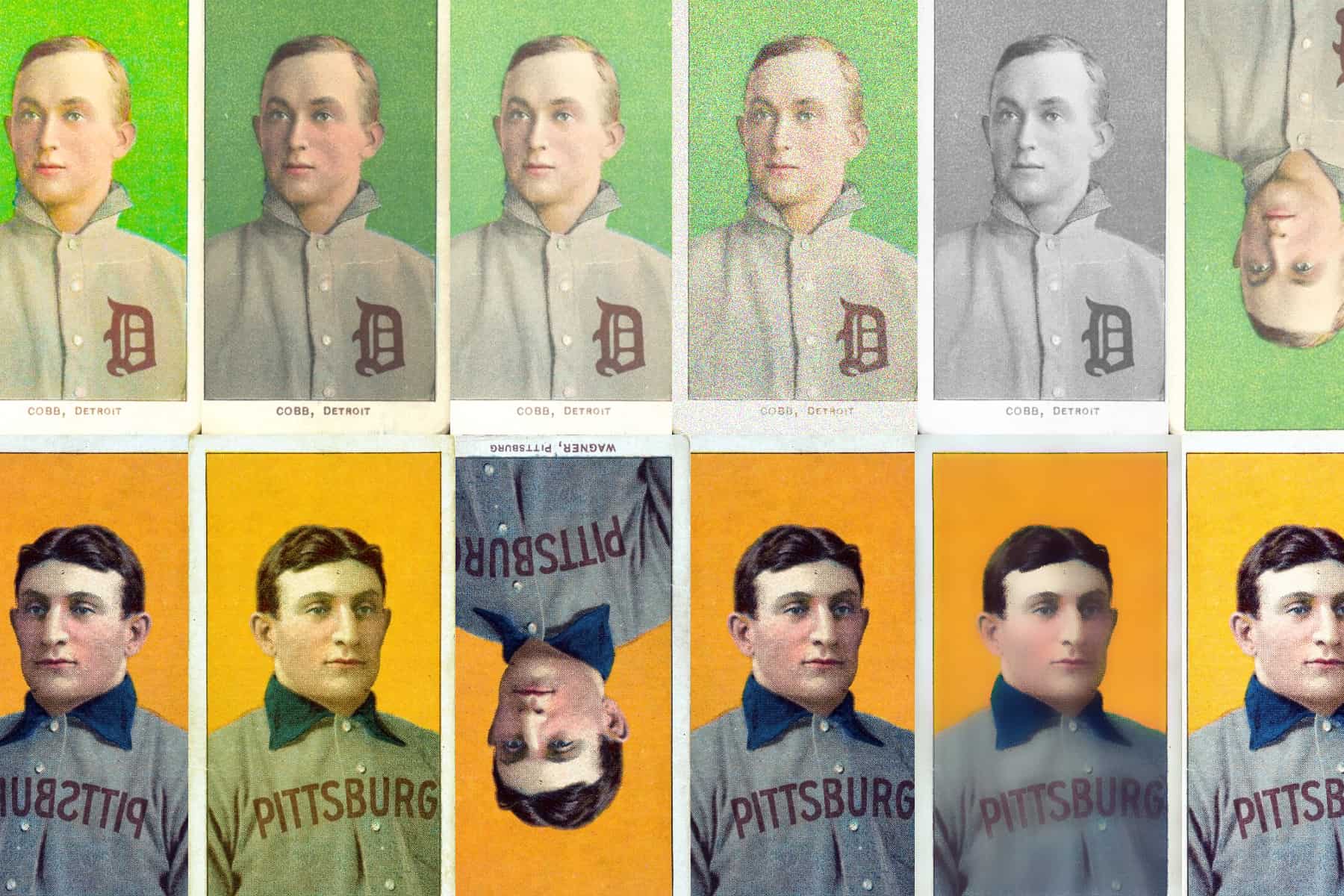 Photos of baseball cards that have been altered, retouched, recolored