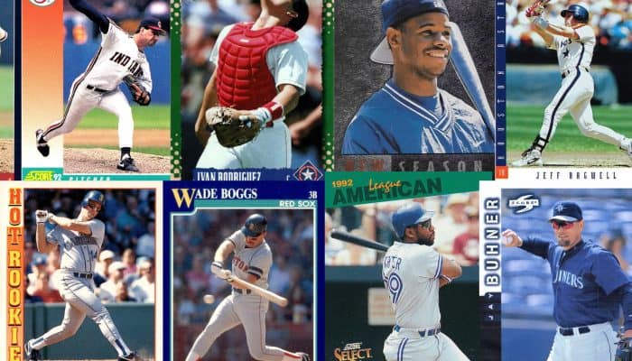 Display of Score baseball cards from the 1980s and 1990s